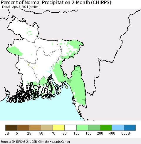 Bangladesh Percent of Normal Precipitation 2-Month (CHIRPS) Thematic Map For 2/6/2024 - 4/5/2024