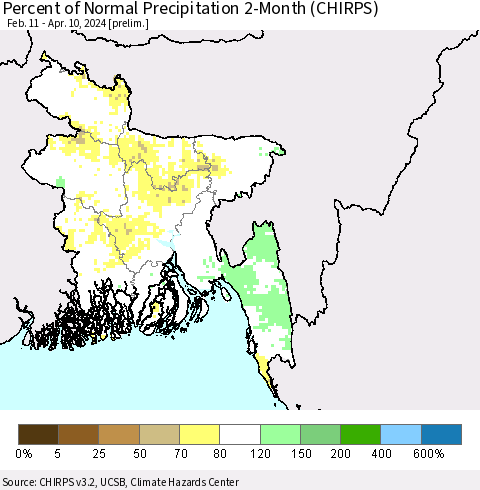 Bangladesh Percent of Normal Precipitation 2-Month (CHIRPS) Thematic Map For 2/11/2024 - 4/10/2024