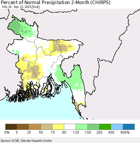 Bangladesh Percent of Normal Precipitation 2-Month (CHIRPS) Thematic Map For 2/16/2024 - 4/15/2024