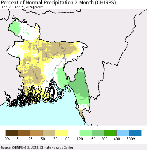 Bangladesh Percent of Normal Precipitation 2-Month (CHIRPS) Thematic Map For 2/21/2024 - 4/20/2024