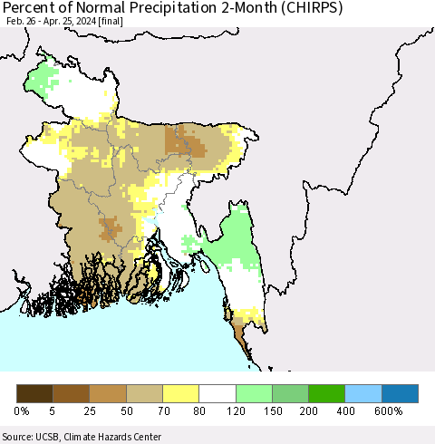Bangladesh Percent of Normal Precipitation 2-Month (CHIRPS) Thematic Map For 2/26/2024 - 4/25/2024