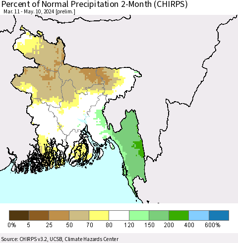 Bangladesh Percent of Normal Precipitation 2-Month (CHIRPS) Thematic Map For 3/11/2024 - 5/10/2024