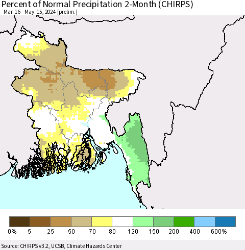 Bangladesh Percent of Normal Precipitation 2-Month (CHIRPS) Thematic Map For 3/16/2024 - 5/15/2024