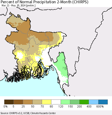 Bangladesh Percent of Normal Precipitation 2-Month (CHIRPS) Thematic Map For 3/21/2024 - 5/20/2024