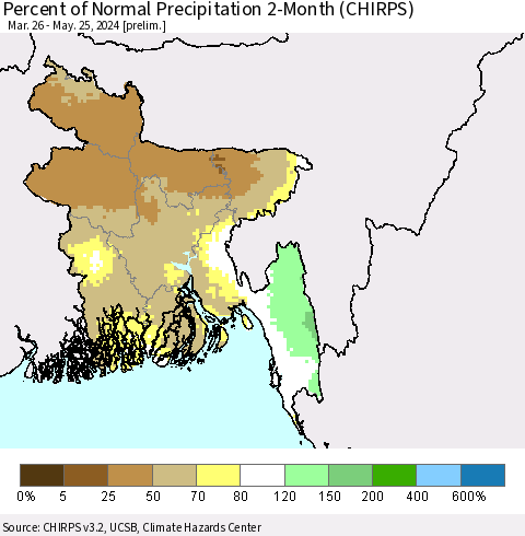 Bangladesh Percent of Normal Precipitation 2-Month (CHIRPS) Thematic Map For 3/26/2024 - 5/25/2024