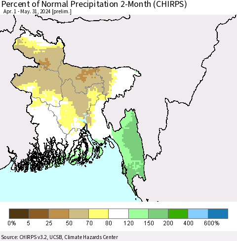 Bangladesh Percent of Normal Precipitation 2-Month (CHIRPS) Thematic Map For 4/1/2024 - 5/31/2024
