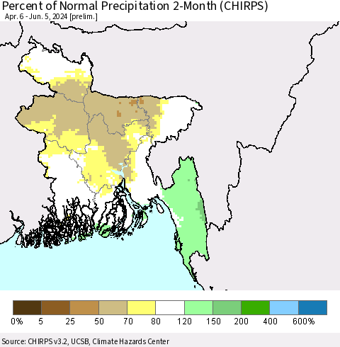 Bangladesh Percent of Normal Precipitation 2-Month (CHIRPS) Thematic Map For 4/6/2024 - 6/5/2024