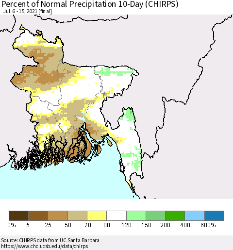 Bangladesh Percent of Normal Precipitation 10-Day (CHIRPS) Thematic Map For 7/6/2021 - 7/15/2021