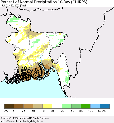 Bangladesh Percent of Normal Precipitation 10-Day (CHIRPS) Thematic Map For 7/11/2021 - 7/20/2021