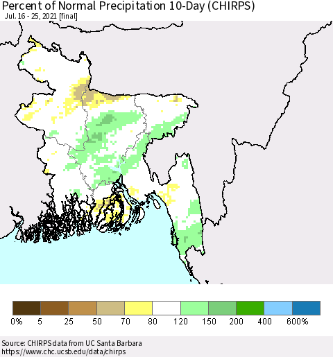 Bangladesh Percent of Normal Precipitation 10-Day (CHIRPS) Thematic Map For 7/16/2021 - 7/25/2021