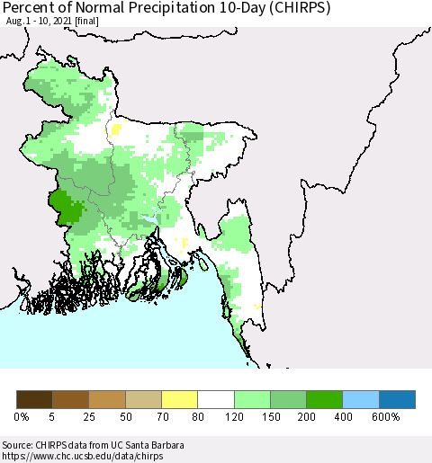 Bangladesh Percent of Normal Precipitation 10-Day (CHIRPS) Thematic Map For 8/1/2021 - 8/10/2021