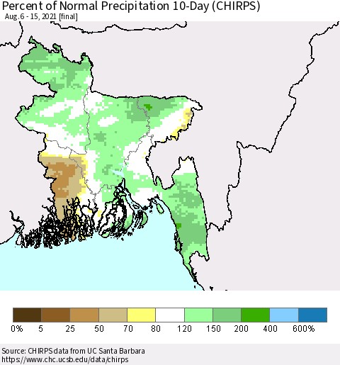 Bangladesh Percent of Normal Precipitation 10-Day (CHIRPS) Thematic Map For 8/6/2021 - 8/15/2021