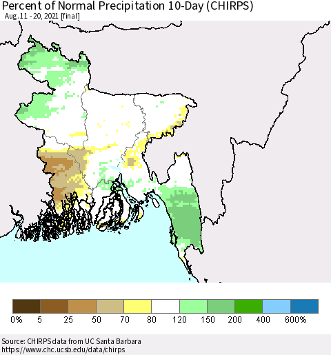 Bangladesh Percent of Normal Precipitation 10-Day (CHIRPS) Thematic Map For 8/11/2021 - 8/20/2021