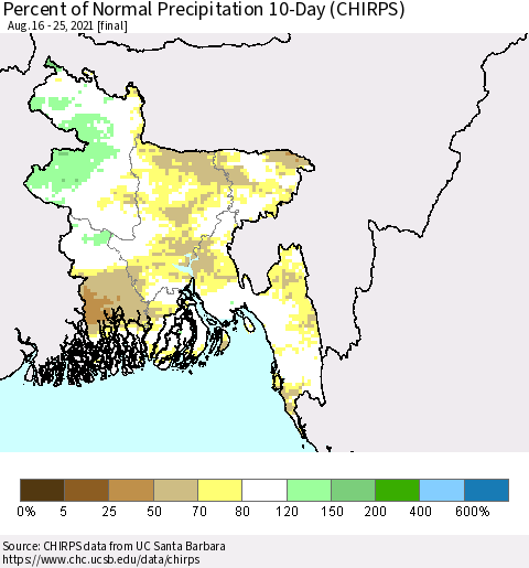 Bangladesh Percent of Normal Precipitation 10-Day (CHIRPS) Thematic Map For 8/16/2021 - 8/25/2021