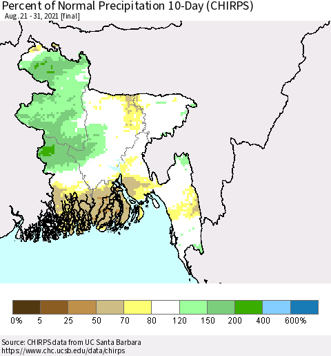Bangladesh Percent of Normal Precipitation 10-Day (CHIRPS) Thematic Map For 8/21/2021 - 8/31/2021