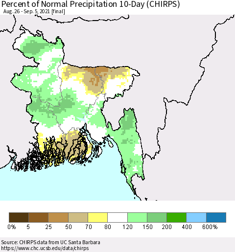 Bangladesh Percent of Normal Precipitation 10-Day (CHIRPS) Thematic Map For 8/26/2021 - 9/5/2021