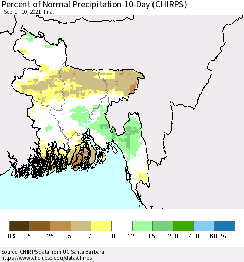 Bangladesh Percent of Normal Precipitation 10-Day (CHIRPS) Thematic Map For 9/1/2021 - 9/10/2021