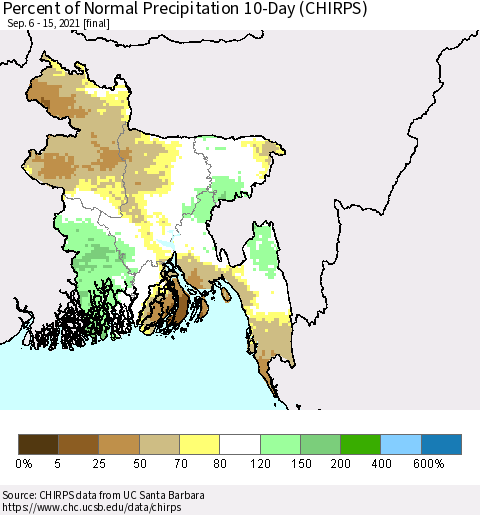 Bangladesh Percent of Normal Precipitation 10-Day (CHIRPS) Thematic Map For 9/6/2021 - 9/15/2021