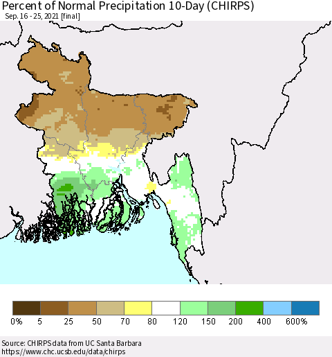 Bangladesh Percent of Normal Precipitation 10-Day (CHIRPS) Thematic Map For 9/16/2021 - 9/25/2021