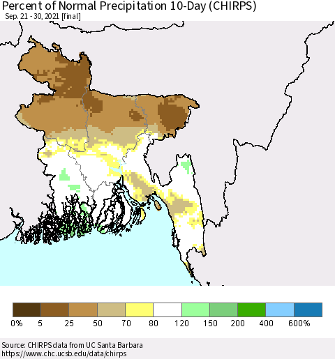 Bangladesh Percent of Normal Precipitation 10-Day (CHIRPS) Thematic Map For 9/21/2021 - 9/30/2021
