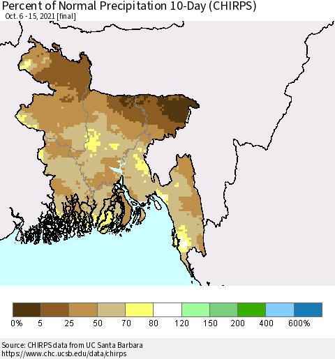 Bangladesh Percent of Normal Precipitation 10-Day (CHIRPS) Thematic Map For 10/6/2021 - 10/15/2021