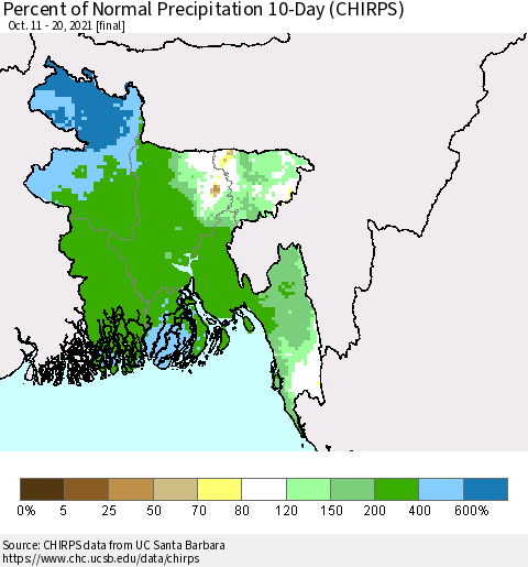 Bangladesh Percent of Normal Precipitation 10-Day (CHIRPS) Thematic Map For 10/11/2021 - 10/20/2021