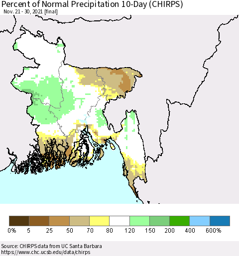 Bangladesh Percent of Normal Precipitation 10-Day (CHIRPS) Thematic Map For 11/21/2021 - 11/30/2021