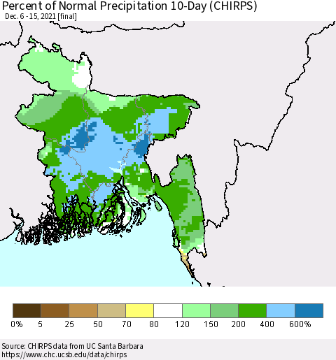 Bangladesh Percent of Normal Precipitation 10-Day (CHIRPS) Thematic Map For 12/6/2021 - 12/15/2021