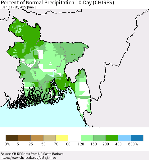 Bangladesh Percent of Normal Precipitation 10-Day (CHIRPS) Thematic Map For 1/11/2022 - 1/20/2022