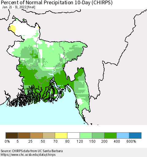 Bangladesh Percent of Normal Precipitation 10-Day (CHIRPS) Thematic Map For 1/21/2022 - 1/31/2022