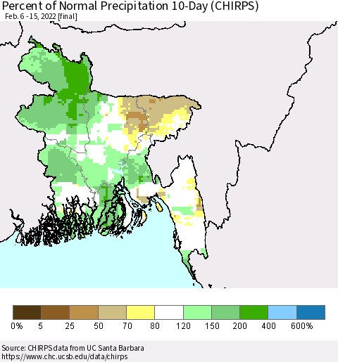 Bangladesh Percent of Normal Precipitation 10-Day (CHIRPS) Thematic Map For 2/6/2022 - 2/15/2022