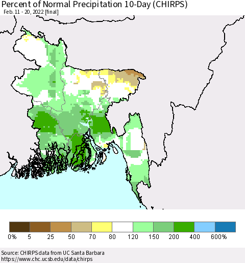 Bangladesh Percent of Normal Precipitation 10-Day (CHIRPS) Thematic Map For 2/11/2022 - 2/20/2022