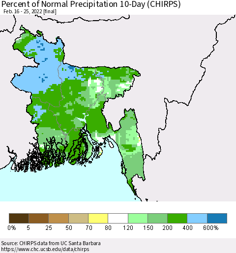 Bangladesh Percent of Normal Precipitation 10-Day (CHIRPS) Thematic Map For 2/16/2022 - 2/25/2022