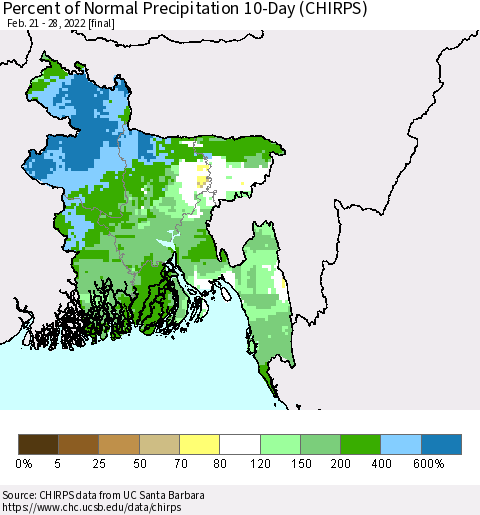 Bangladesh Percent of Normal Precipitation 10-Day (CHIRPS) Thematic Map For 2/21/2022 - 2/28/2022