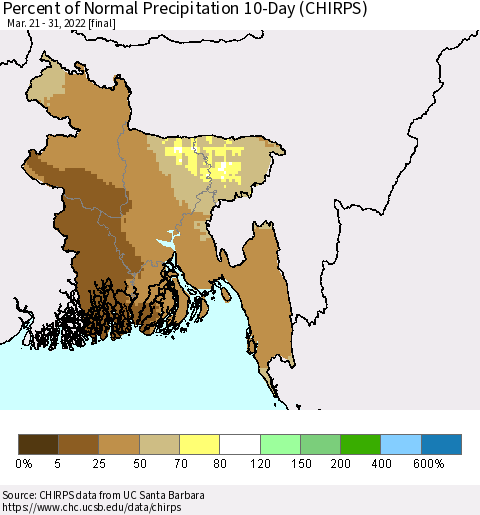 Bangladesh Percent of Normal Precipitation 10-Day (CHIRPS) Thematic Map For 3/21/2022 - 3/31/2022