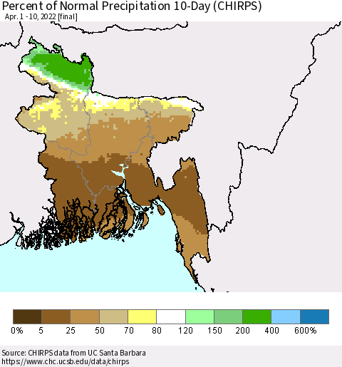 Bangladesh Percent of Normal Precipitation 10-Day (CHIRPS) Thematic Map For 4/1/2022 - 4/10/2022