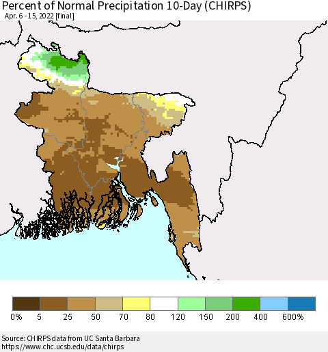Bangladesh Percent of Normal Precipitation 10-Day (CHIRPS) Thematic Map For 4/6/2022 - 4/15/2022