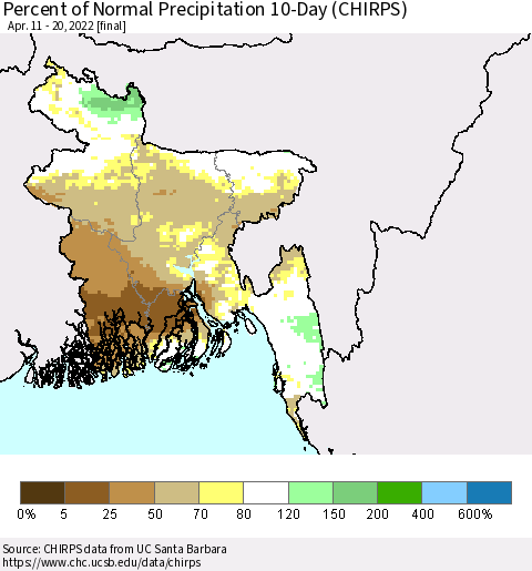 Bangladesh Percent of Normal Precipitation 10-Day (CHIRPS) Thematic Map For 4/11/2022 - 4/20/2022