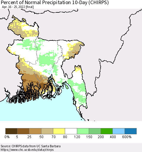 Bangladesh Percent of Normal Precipitation 10-Day (CHIRPS) Thematic Map For 4/16/2022 - 4/25/2022