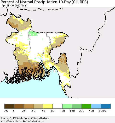 Bangladesh Percent of Normal Precipitation 10-Day (CHIRPS) Thematic Map For 4/21/2022 - 4/30/2022