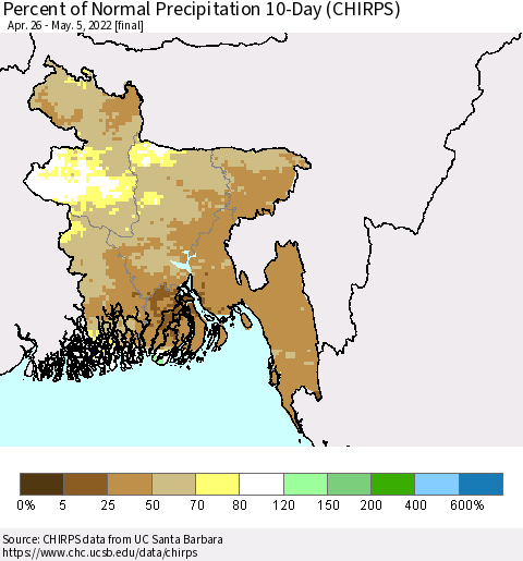 Bangladesh Percent of Normal Precipitation 10-Day (CHIRPS) Thematic Map For 4/26/2022 - 5/5/2022