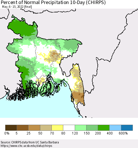 Bangladesh Percent of Normal Precipitation 10-Day (CHIRPS) Thematic Map For 5/6/2022 - 5/15/2022