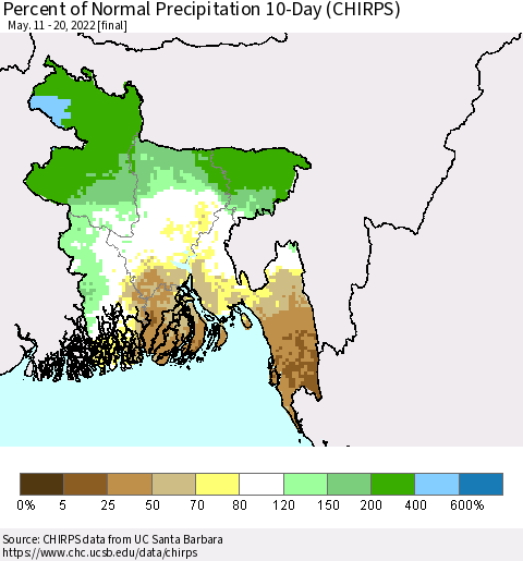 Bangladesh Percent of Normal Precipitation 10-Day (CHIRPS) Thematic Map For 5/11/2022 - 5/20/2022