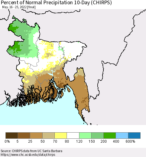 Bangladesh Percent of Normal Precipitation 10-Day (CHIRPS) Thematic Map For 5/16/2022 - 5/25/2022