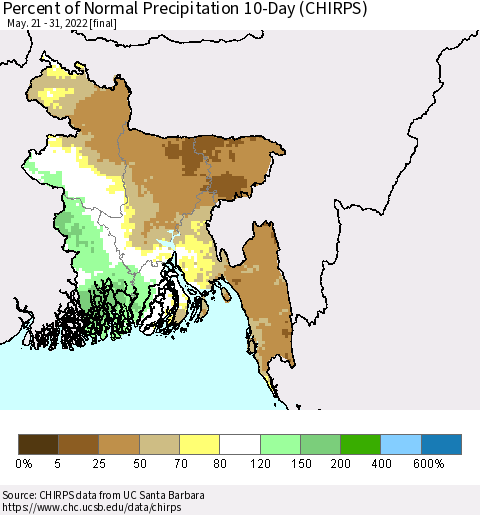 Bangladesh Percent of Normal Precipitation 10-Day (CHIRPS) Thematic Map For 5/21/2022 - 5/31/2022