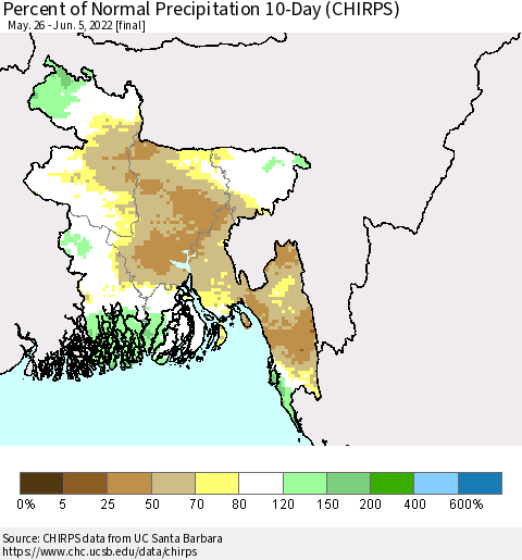 Bangladesh Percent of Normal Precipitation 10-Day (CHIRPS) Thematic Map For 5/26/2022 - 6/5/2022
