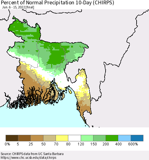 Bangladesh Percent of Normal Precipitation 10-Day (CHIRPS) Thematic Map For 6/6/2022 - 6/15/2022