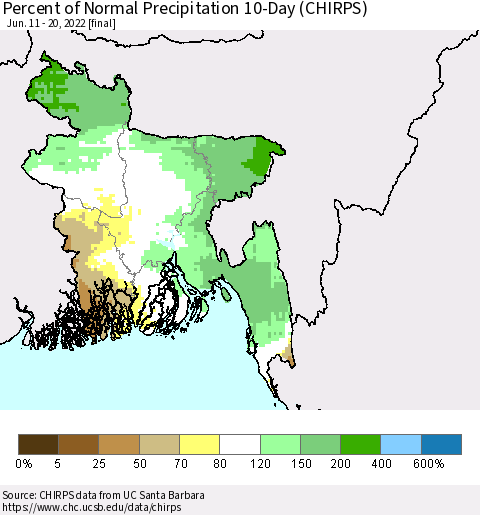 Bangladesh Percent of Normal Precipitation 10-Day (CHIRPS) Thematic Map For 6/11/2022 - 6/20/2022