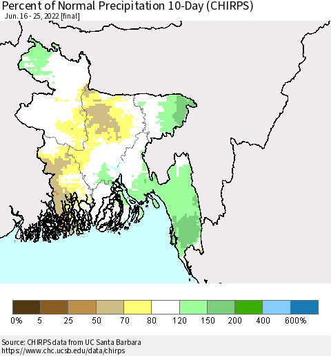 Bangladesh Percent of Normal Precipitation 10-Day (CHIRPS) Thematic Map For 6/16/2022 - 6/25/2022