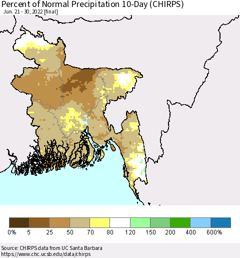 Bangladesh Percent of Normal Precipitation 10-Day (CHIRPS) Thematic Map For 6/21/2022 - 6/30/2022
